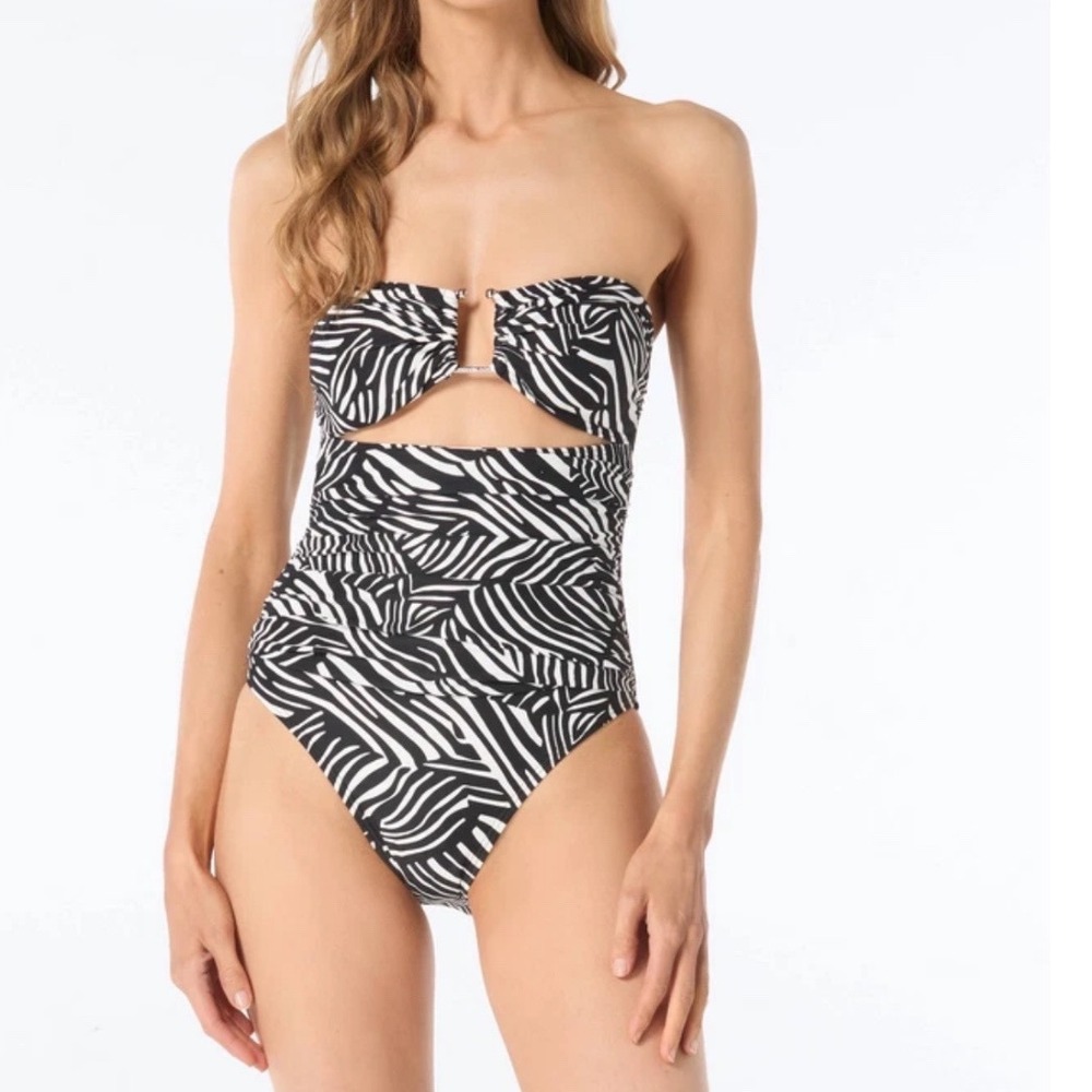 Michael Michael Kors Zebra Print Bandeau One Piece Swimsuit Black White 10 $130